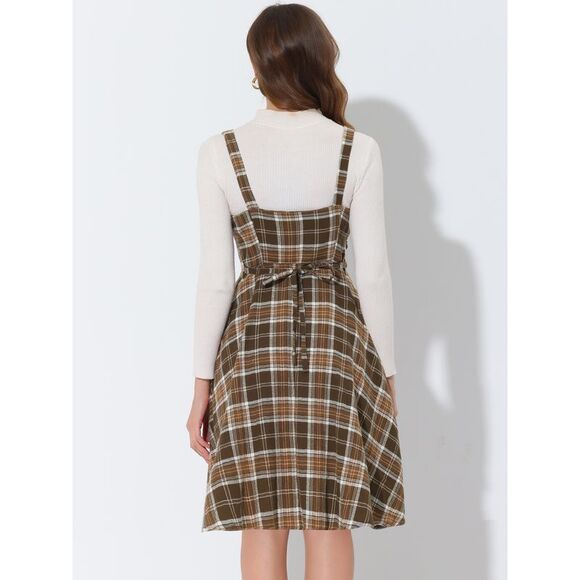 Plaid Vintage Sleeveless Tie Waist A-Line Overall Pinafore Dresses Brown - Picture 4 of 5